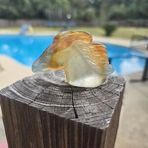 Daum France Pâte de Verre Amber Frosted Glass Horse‎ Head Sculpture — Signed